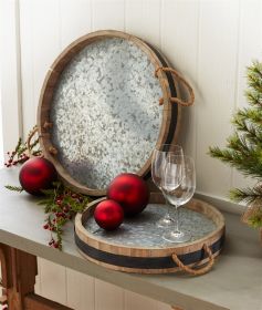 Wine Barrel Tray (Set of 2) 15.5", 19.75"D Wood/Metal