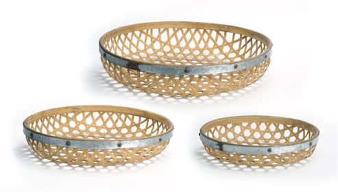 Round Woven Tray (Set of 3) 17"D, 20"D, 23.5"D Bamboo/Metal