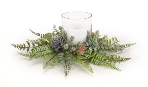 Fern and Succulent Candle Holder with Glass (Set of 2) 16"D x 5"H Plastic