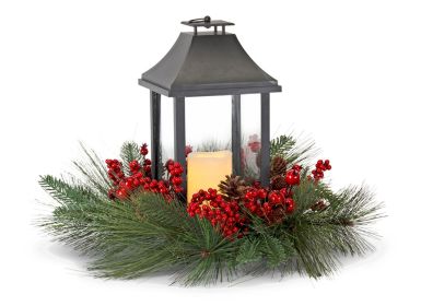 Pine and Berry w/Lantern 20"D x 16"H Plastic/Foam/Metal 6 Hr Timer 1 AA Battery, Not Included
