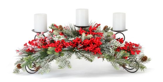 Pine and Berry Centerpiece 31"L x 12"H Plastic/Foam (Fits 3" Candles)