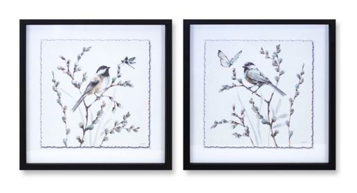 Pussy Willow & Bird Print (Set of 2) 15.75"SQ MDF/Glass