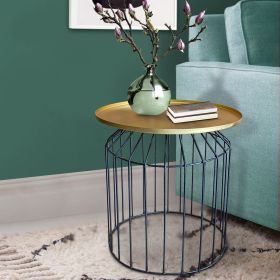 19 Inch Round Side End Accent Table; Iron; Slatted Cage Design; Powder Coated; Black; Gold; DunaWest