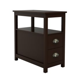 End Table Narrow Nightstand With Two Drawers And Open Shelf-Brown  - brown