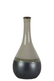 Bellied Stoneware Vase With Black Banded Rim; Small; Glossy Gray; DunaWest