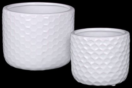Ceramic Round Vase With Engraved Diamond Pattern; Set Of 2; White; DunaWest