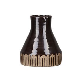 Ceramic Vase with Gloss Finish and Banded Tribal Bottom; Set of 2; Brown; DunaWest