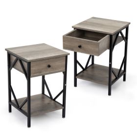 Set of 2 Nightstand Industrial End Table with Drawer, Storage Shelf and Metal Frame for Living Room, Bedroom,Washed Gray