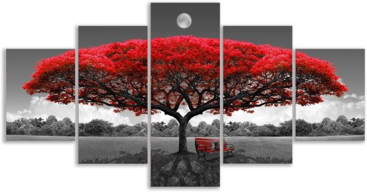 Canvas Wall Art Red Tree Wall Art with Moon Black and White Framed Artwork Landscape Pictures for Wall Decor Large Pictures for Living Room 5 Pieces
