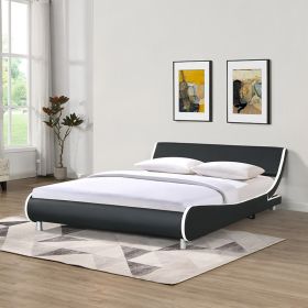 Faux Leather Upholstered Platform Bed Frame; Curve Design; Wood Slat Support; No Box Spring Needed; Easy Assemble; Queen Size; Black and White