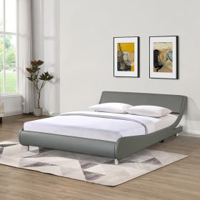 Faux Leather Upholstered Platform Bed Frame; Curve Design; Wood Slat Support; No Box Spring Needed; Easy Assemble; Queen Size; Gray