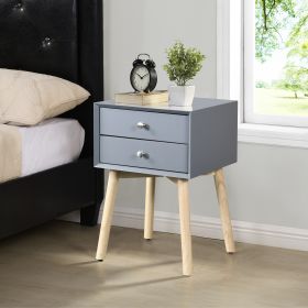 Side Table with 2 Drawer and Rubber Wood Legs, Mid-Century Modern Storage Cabinet for Bedroom Living Room Furniture, Gray