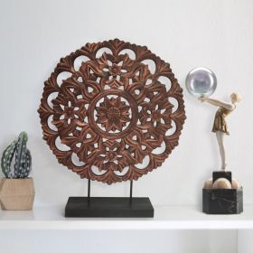 Intricately Carved Round Wooden Wheel Sculpture on Rectangular Stand; Rustic Brown; Large; DunaWest