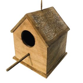 DunaWest Hut Shape Decorative Mango Wood Hanging Bird House with Engraved Details, Distressed Brown