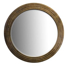 DunaWest Round Layered Wooden Frame Decor Wall Mirror with Hand Carved Texture, Brown