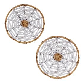 Set 2 Round Woven Wall Baskets - Rustic Metal Frame Weaving Boho for Home Decoration