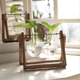 Hot selling home decor water planting glass flower vase with wooden frame creative modern glass vase