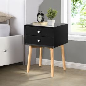 Side Table with 2 Drawer and Rubber Wood Legs; Mid-Century Modern Storage Cabinet for Bedroom Living Room Furniture; Black