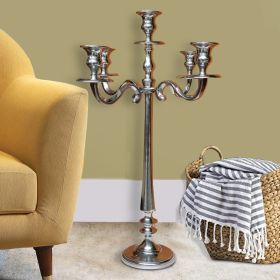 24 Inches Handcrafted 5 Arms Aluminum Candelabra in Traditional Style; Polished Silver