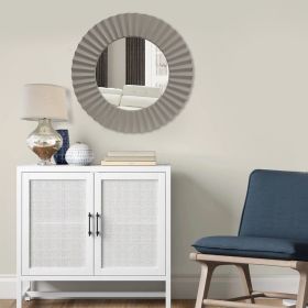 32 Inch Round Beveled Floating Wall Mirror with Corrugated Design Wooden Frame; Gray; DunaWest