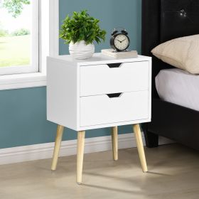 Side Table with 2 Drawer and Rubber Wood Legs; Mid-Century Modern Storage Cabinet for Bedroom Living Room Furniture; White