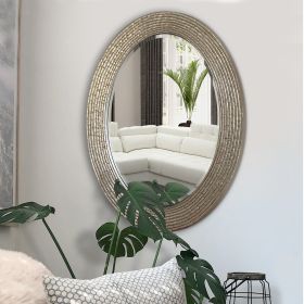 Oval Wood Encased Beveled Wall Decor Mirror with Reeded Design; Silver; DunaWest