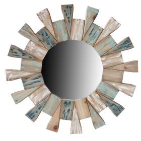 Round Wooden Decor Wall Mirror with Triangular Plank Accent; Brown; DunaWest