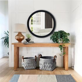28 Inch Round Wooden Floating Beveled Wall Mirror; Black; DunaWest