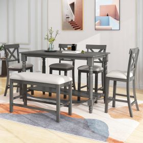 6-Piece Counter Height Dining Table Set Table with Shelf 4 Chairs and Bench for Dining Room (Color: Gray)