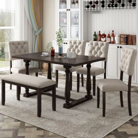 6-Piece Dining Table and Chair Set with Special-shaped Legs and Foam-covered Seat Backs&Cushions for Dining Room (Color: Espresso)