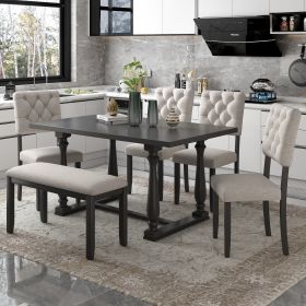 6-Piece Dining Table and Chair Set with Special-shaped Legs and Foam-covered Seat Backs&Cushions for Dining Room (Color: Gray)