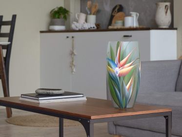 Handpainted Glass Vase for Flowers | Strelitzia Painted Art Glass Oval Vase | Interior Design Home Decor 12 inch. (Color: Green, Height, Mm: 300)