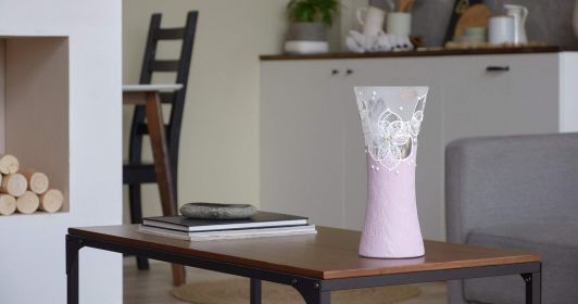 White flowers on ligth pink glass vase for flowers | Painted Art Glass Oval Vase | Table vase 12 inch | Interior Design | Home Decor (Color: Rose, Height, Mm: 300)